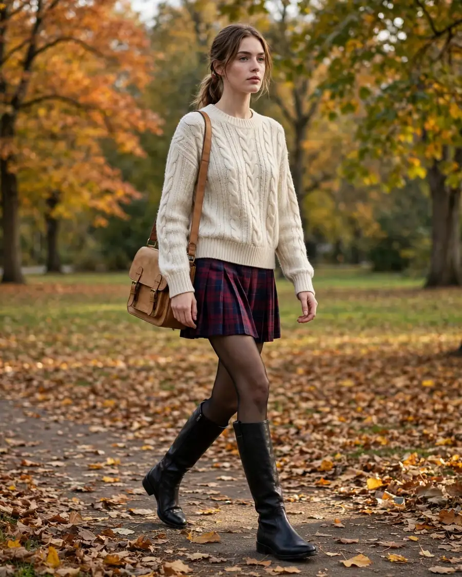Flat riding-style knee-high boots with plaid mini skirt and cable knit sweater