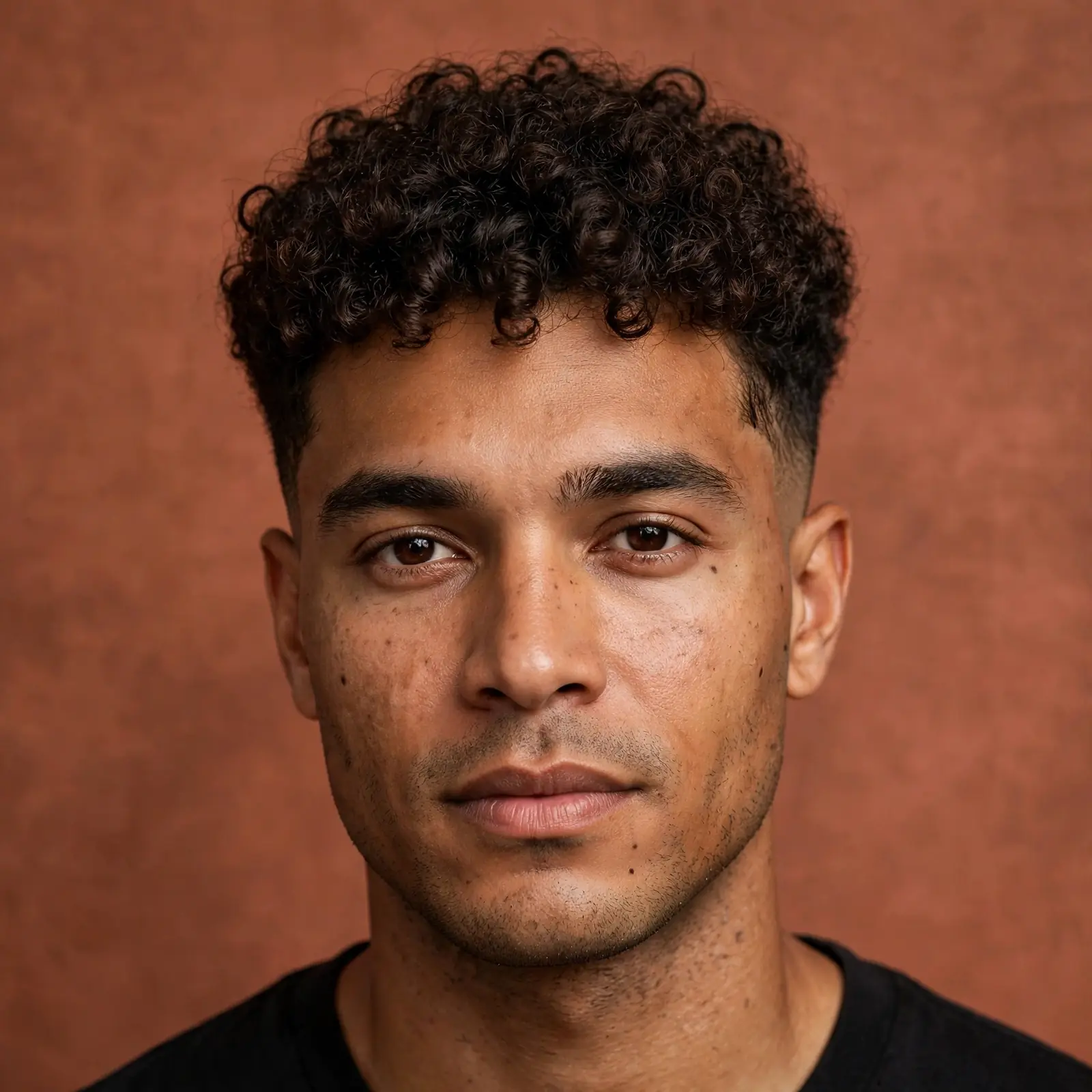Curly top taper fade with defined dark brown curls and blended tapered sides