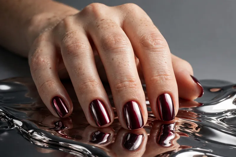 Chrome-glazed wine nails with a mirror metallic burgundy finish on almond nails