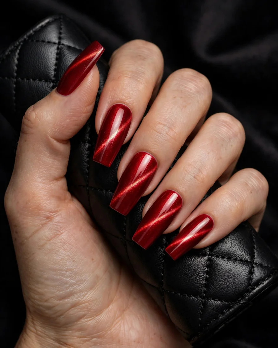 Magnetic cat-eye scarlet coffin nails with diagonal shimmer stripe and black clutch