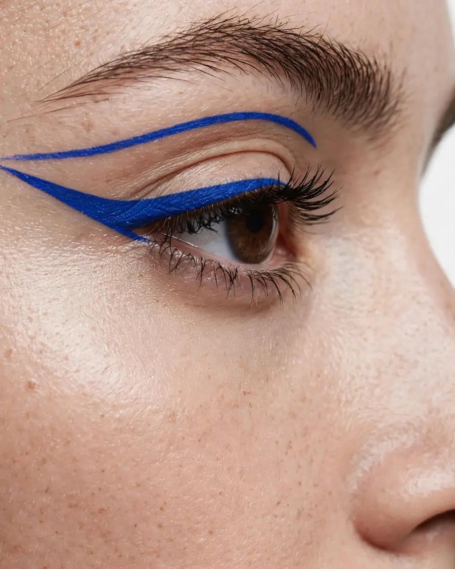 Bold cobalt blue graphic eyeliner with a sharp wing and floating crease line