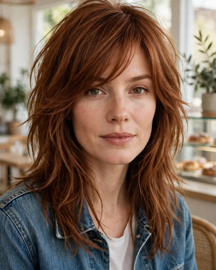 Textured shag haircut with long wispy side-swept bangs in auburn hair