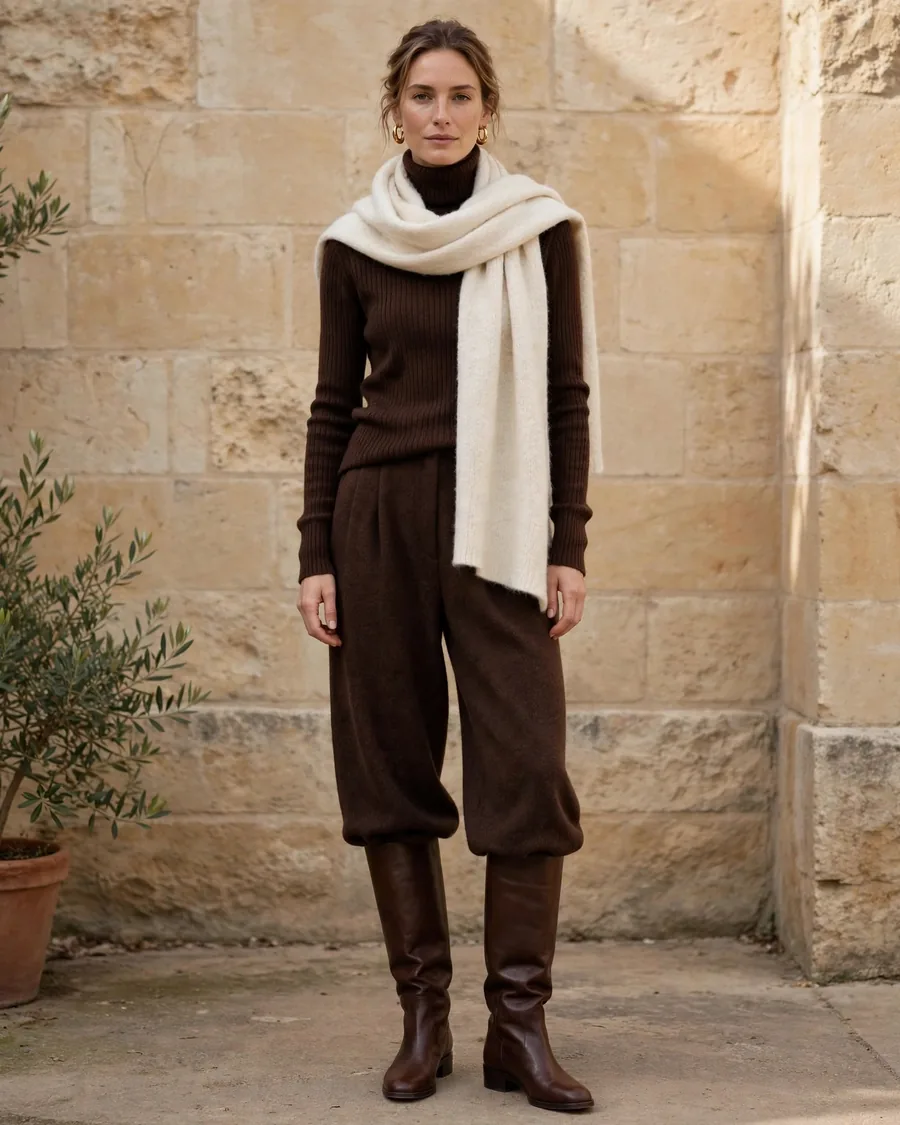 Chocolate brown leather knee-high boots with tonal brown knit dress and coat