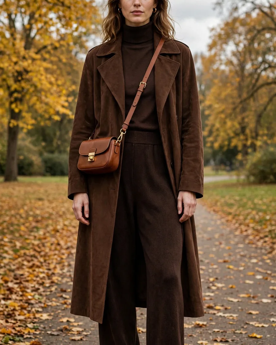 Chocolate suede trench coat in a tonal brown fall outfit