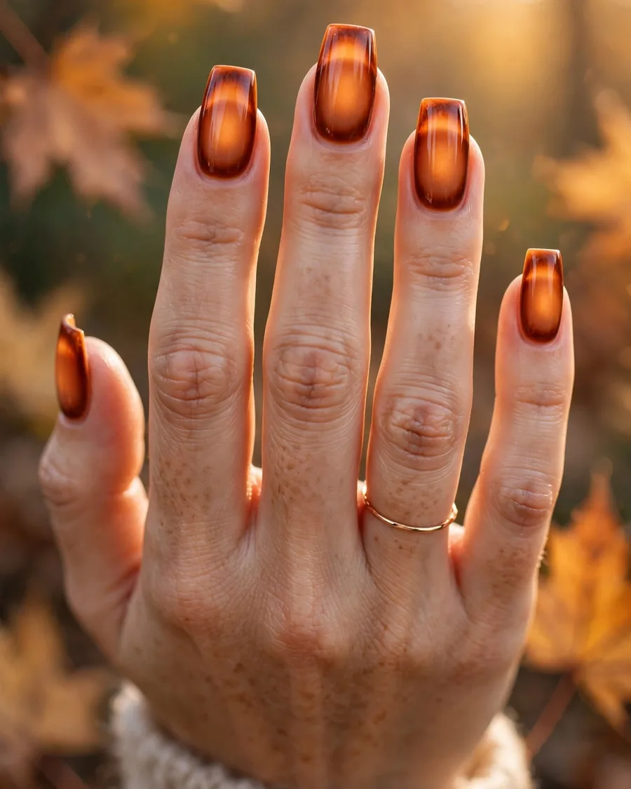 Ember orange aura nails, burnt sienna borders fading to warm orange glow on coffin nails