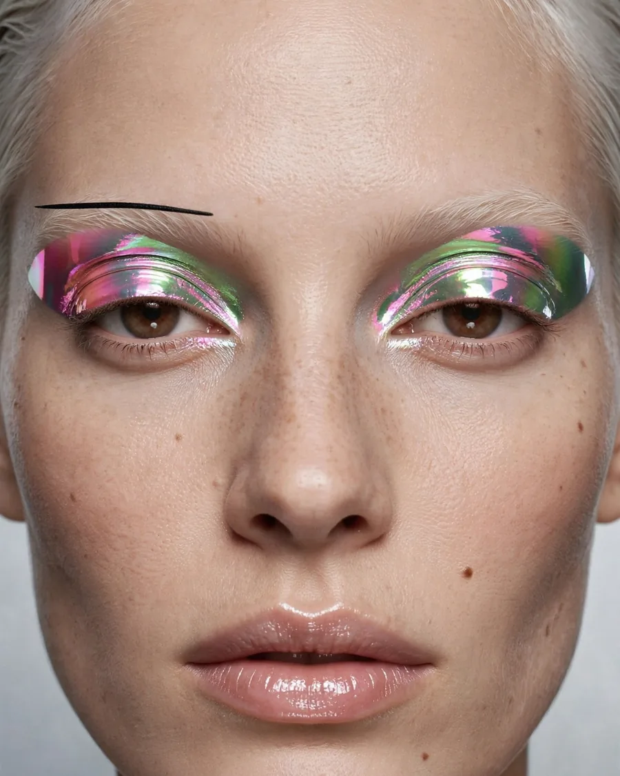 Holographic chrome eyeshadow shifting pink to green with an offset floating black crease line