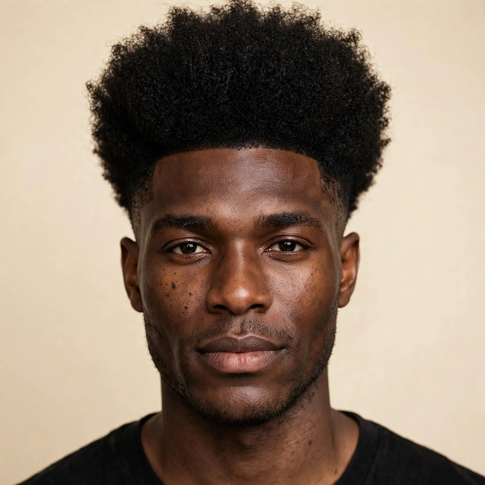Coily afro taper fade with a tall rounded afro shape and skin taper on black hair