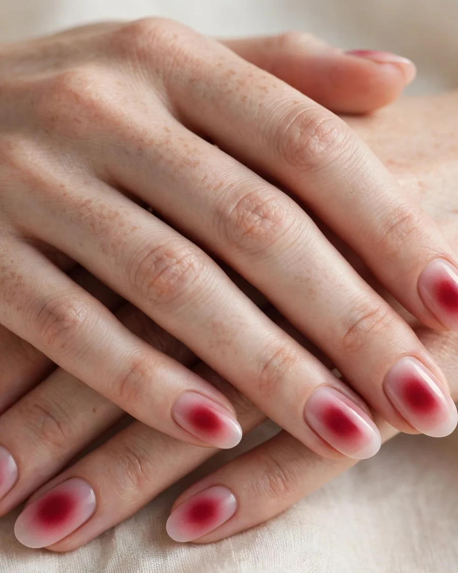 Red aura ombre oval nails with deep red centre fading to sheer blush pink edges