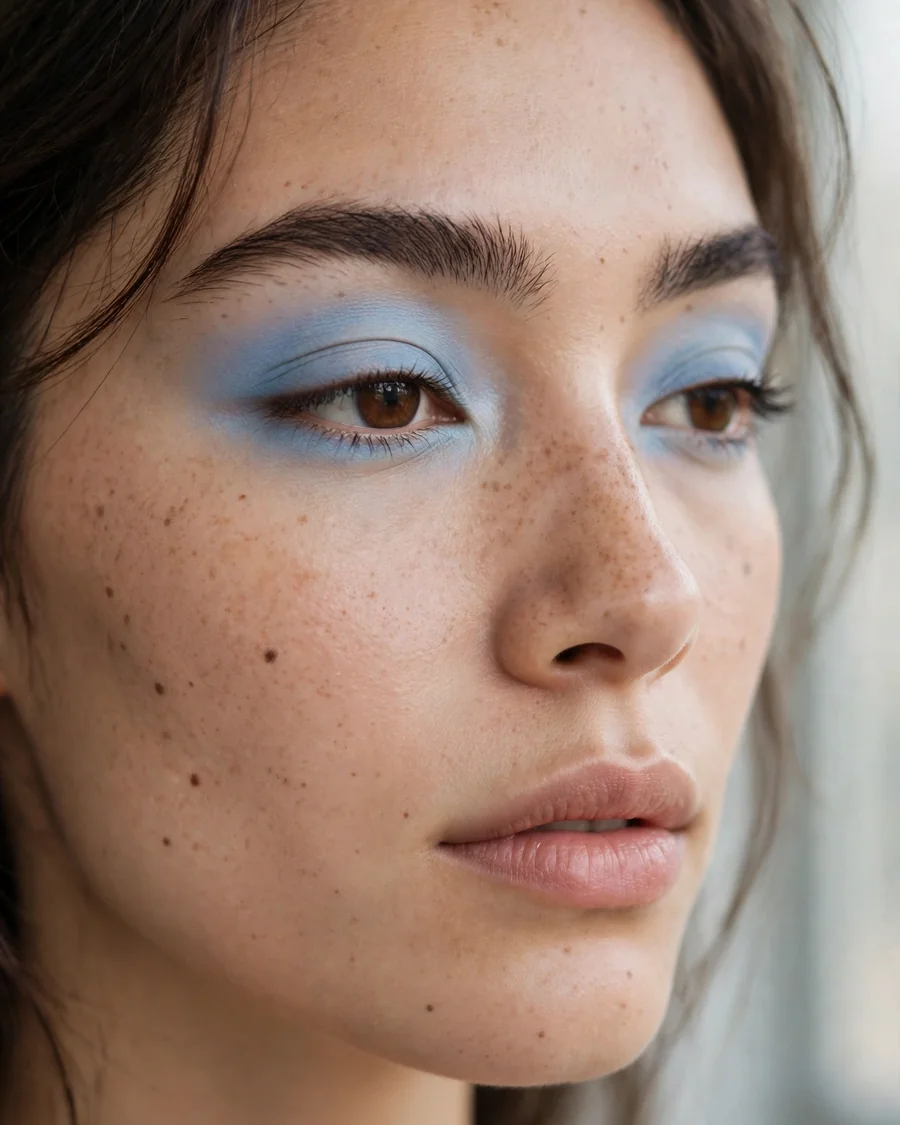 Soft powder-blue monochrome eyeshadow wash across the lids and lower lash line