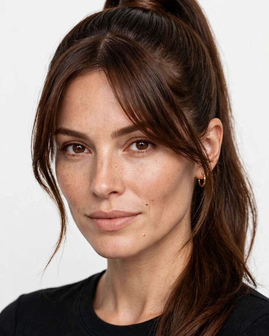 High sleek ponytail with loose side-swept bangs framing the face
