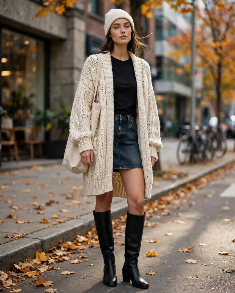 Chunky oatmeal cardigan with denim midi skirt and tan knee-high boots