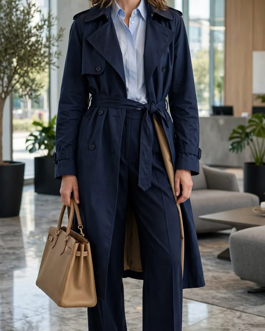 Navy belted trench coat styled for the office