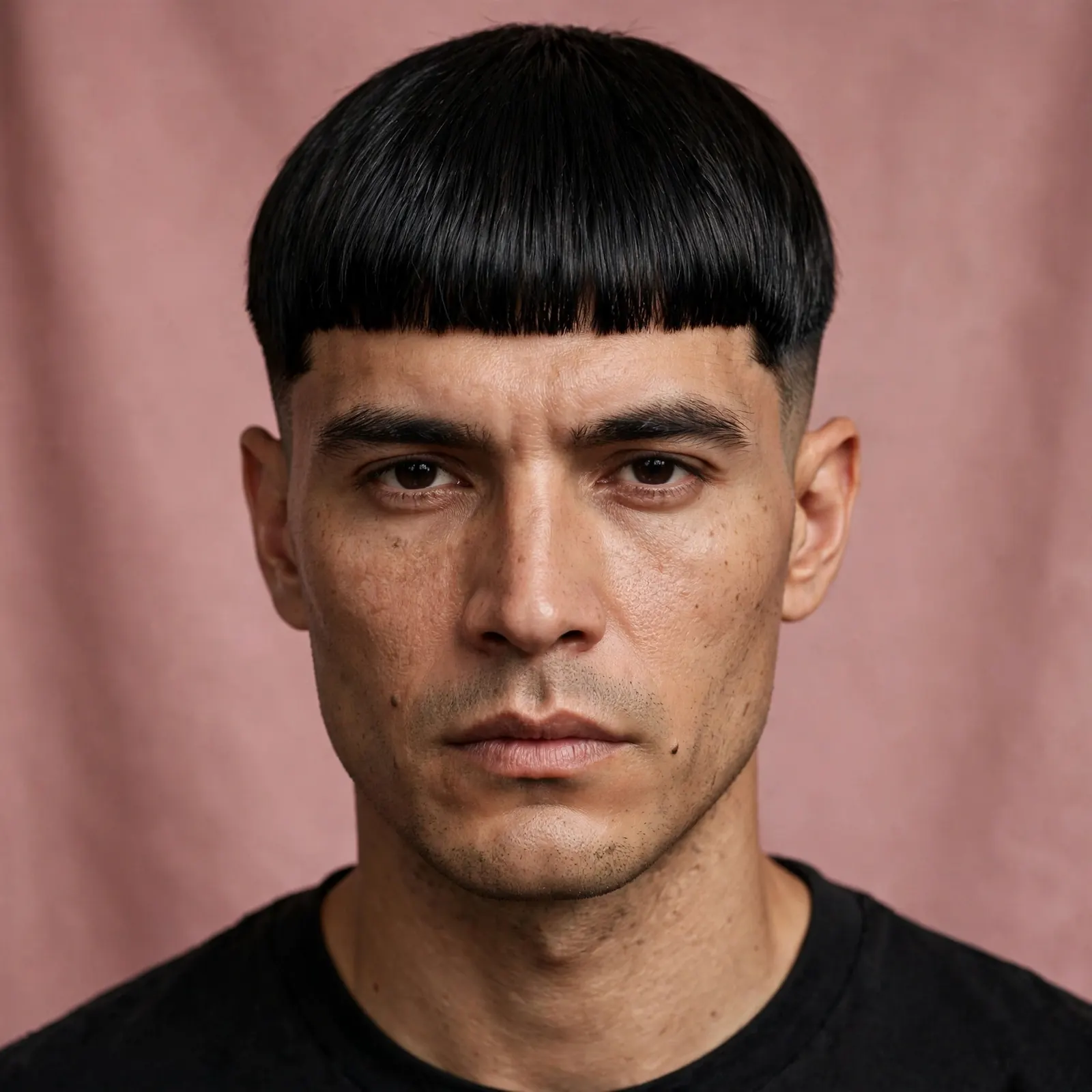 Edgar taper fade with a blunt straight-across fringe on jet black hair
