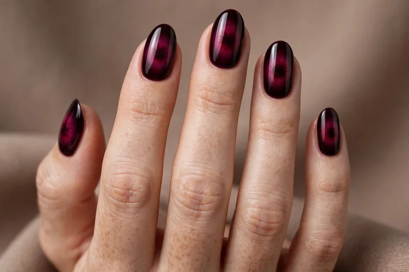 Wine aura nails with a berry bloom center fading to oxblood edges on almond nails