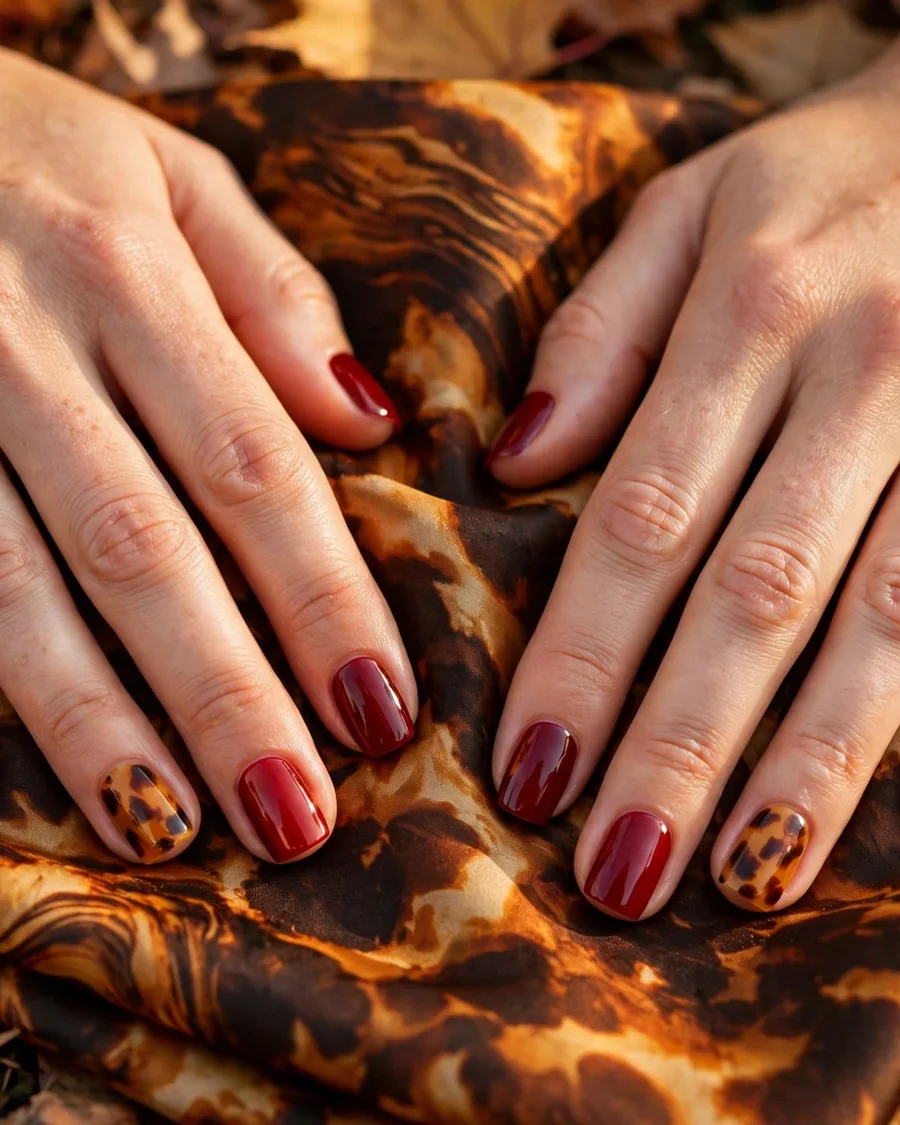 Deep red square nails with amber tortoise-shell accent nails on a tortoiseshell scarf