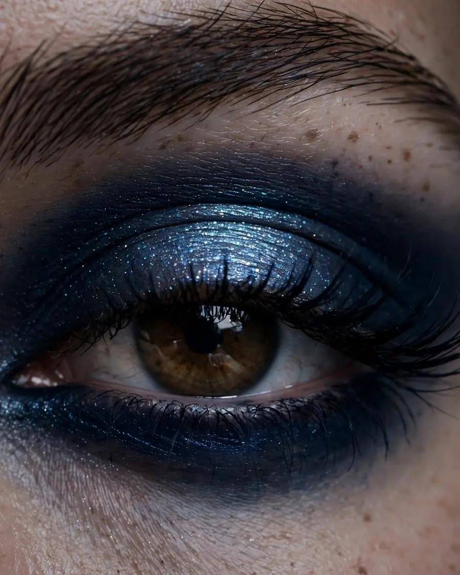 Midnight navy smoky eye with silver-blue shimmer on the lid