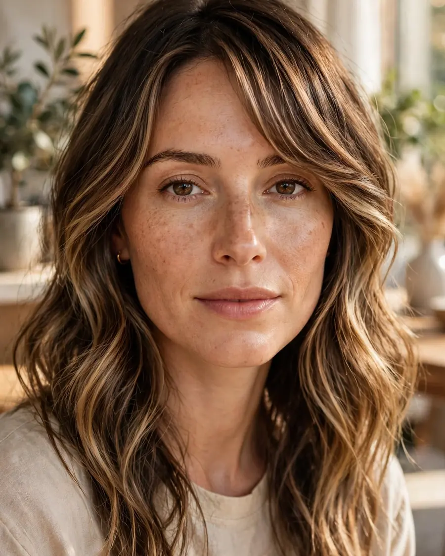 Loose wavy hair with a side-swept fringe and caramel balayage highlights