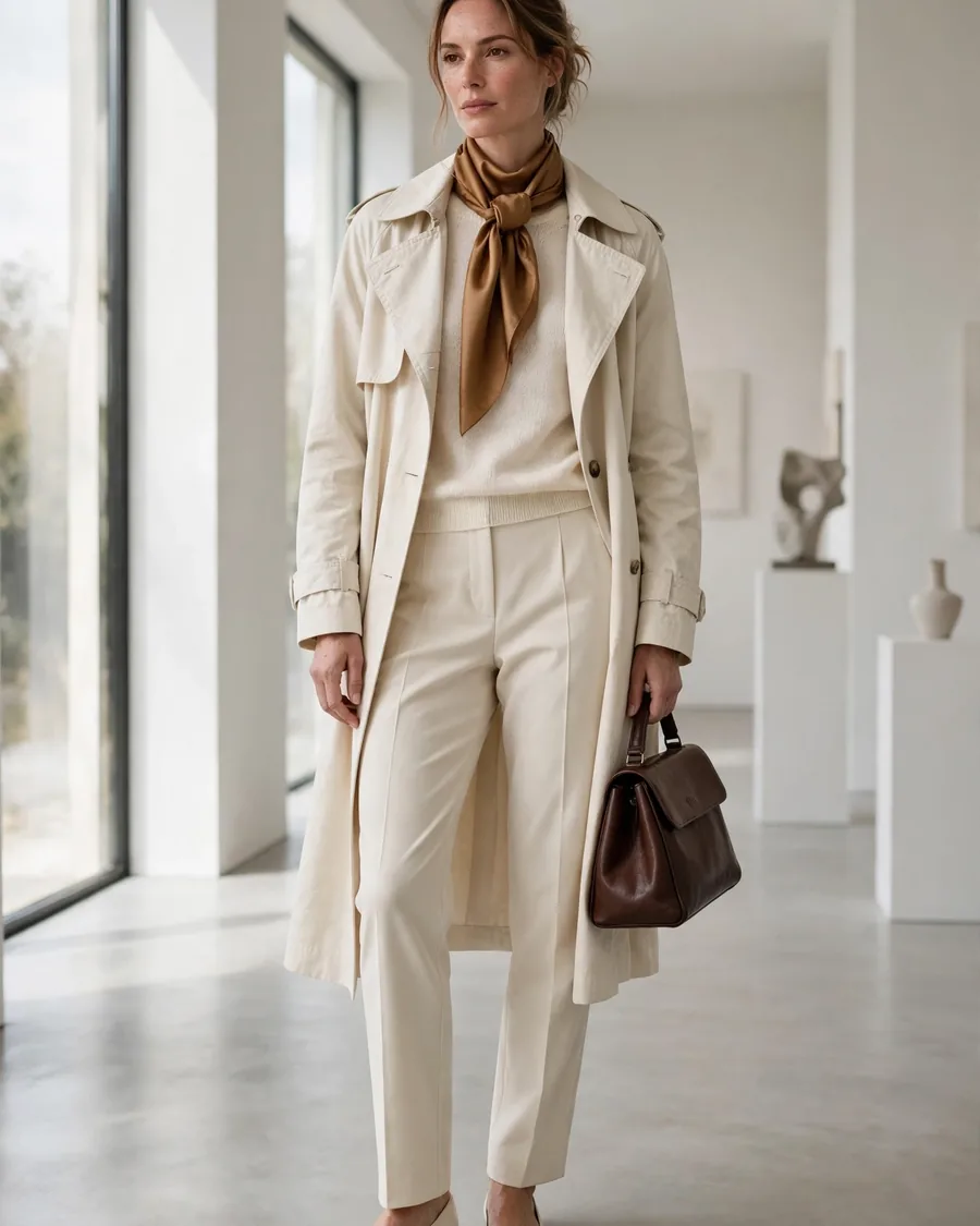 Cream trench coat in a head-to-toe monochrome look