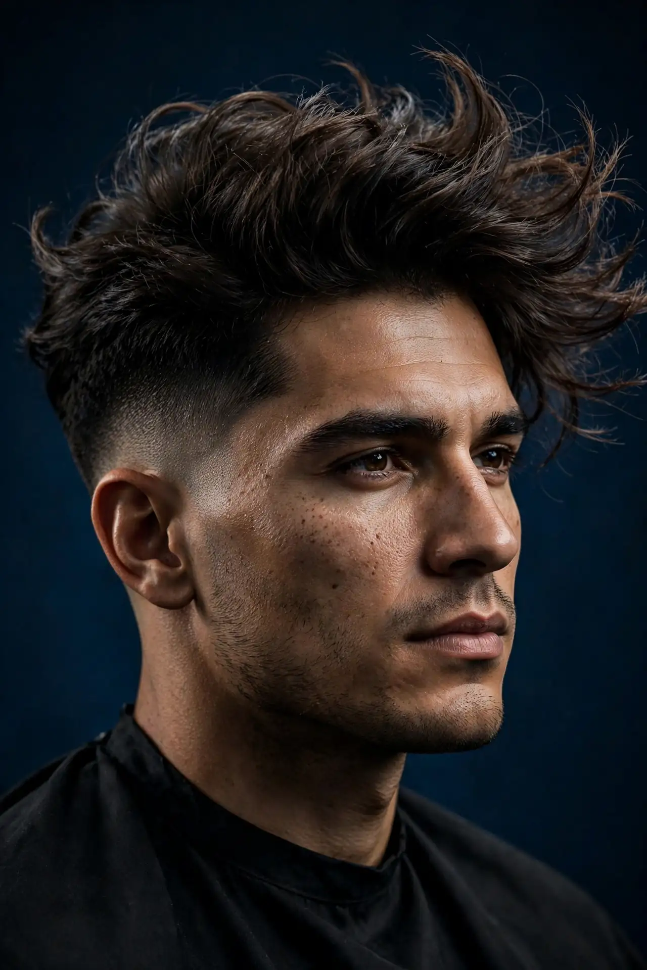 Blowout taper fade with voluminous swept-back hair and mid taper sides
