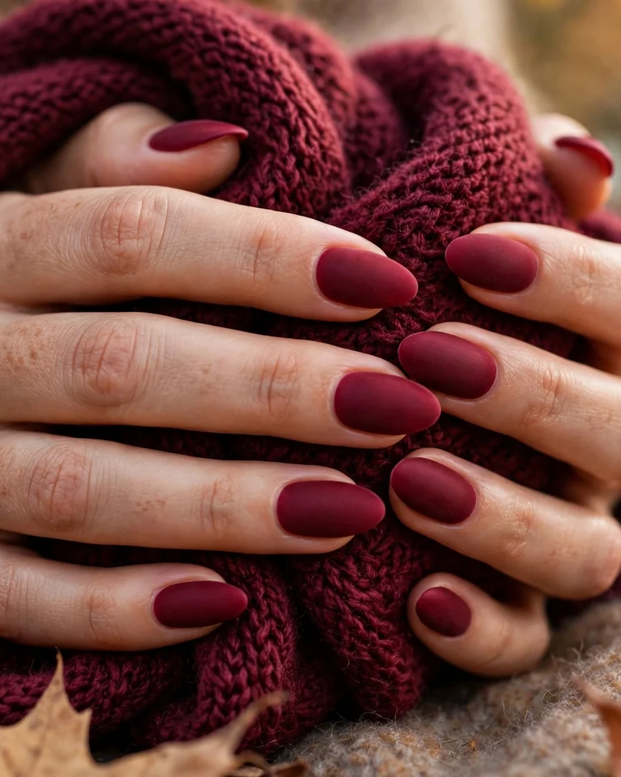 Matte merlot velvet almond nails wrapped in a burgundy knit scarf