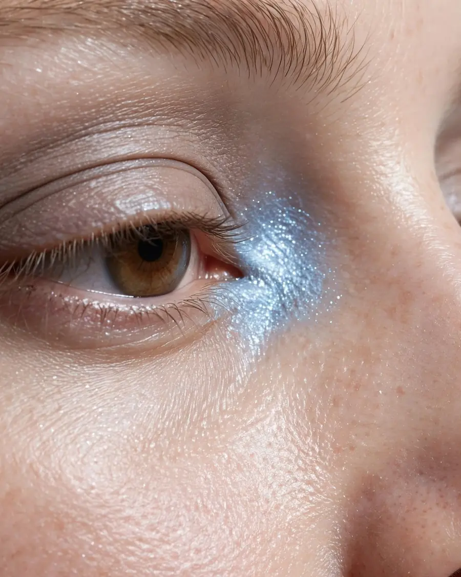 Frosted icy blue shimmer highlight at the inner corner of the eye