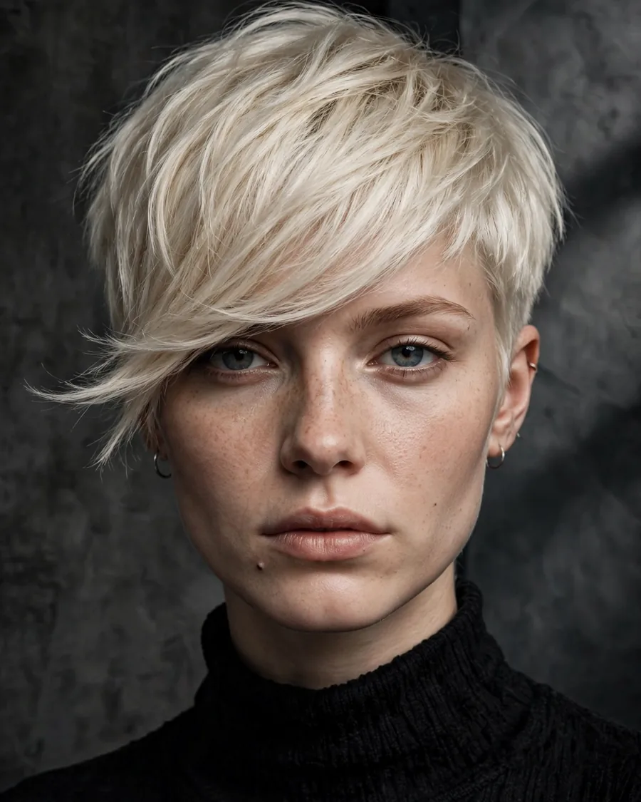 Pixie cut with a long platinum blonde side-swept fringe and tapered sides