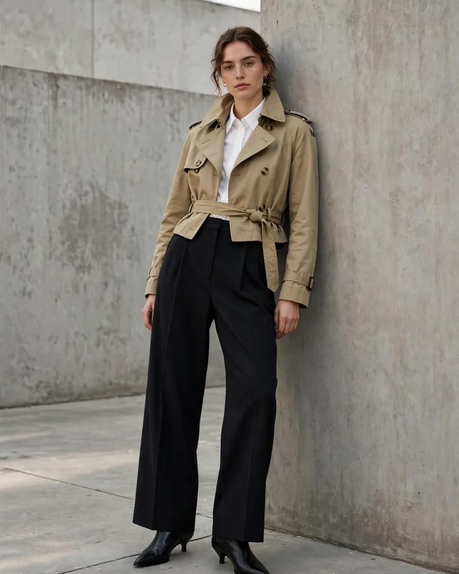 Cropped trench jacket with wide-leg trousers