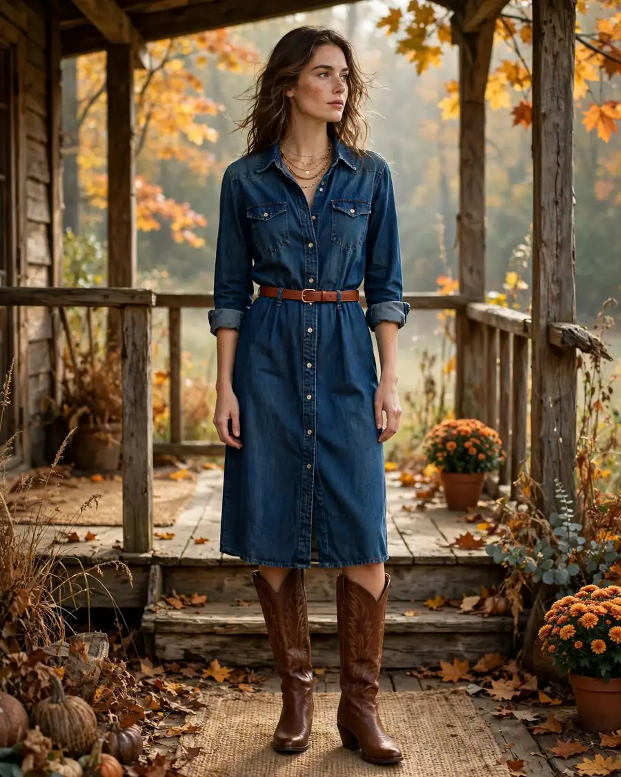Western-style knee-high boots with denim midi shirt dress and leather belt