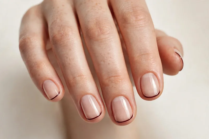 Micro-French burgundy nails with an ultra-thin bordeaux line on short natural nails