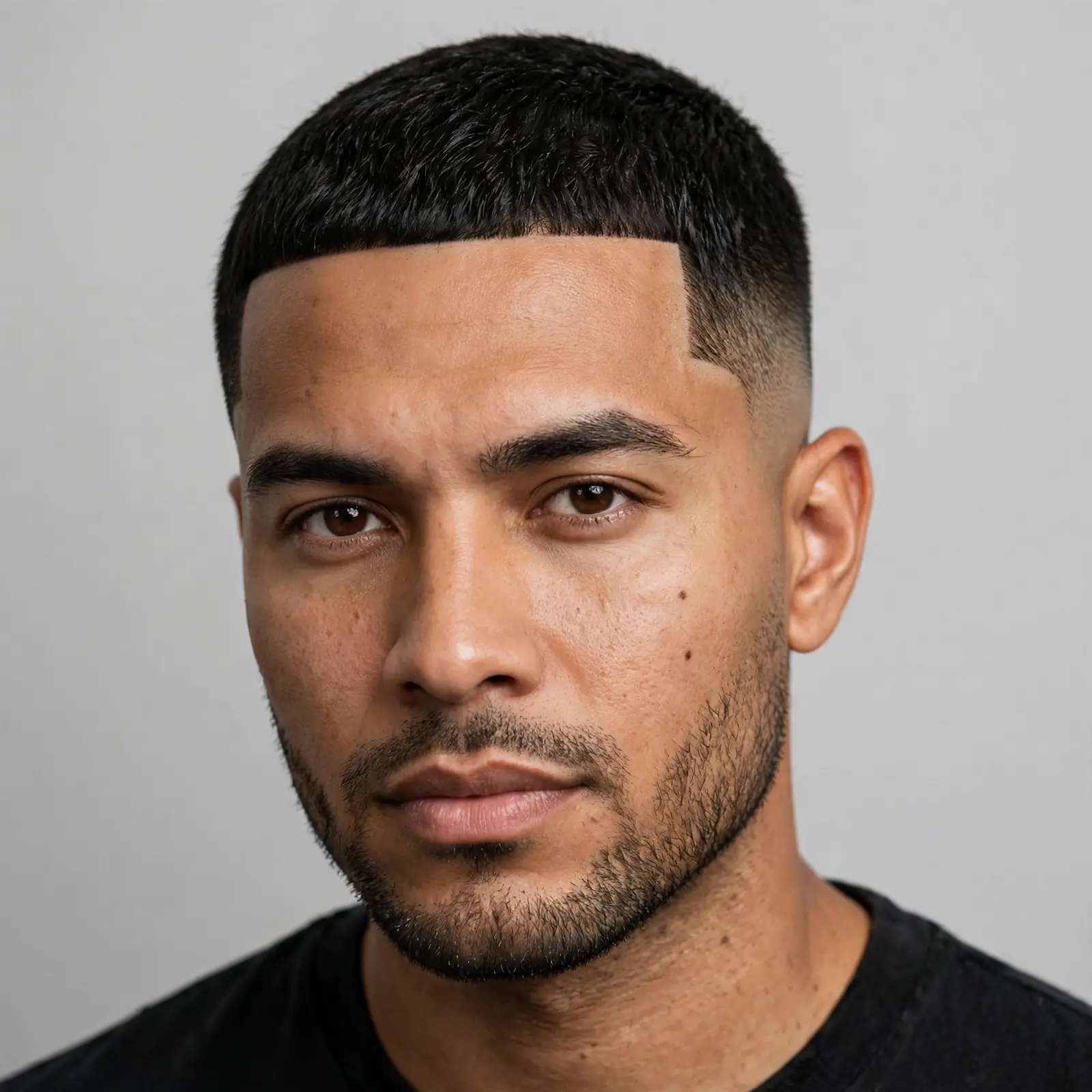 Taper fade with a crispy lineup, squared hairline and tapered beard on black hair
