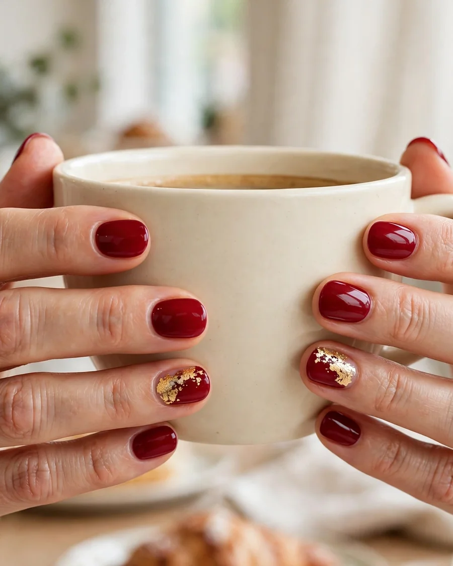 Cherry red short oval nails with delicate gold foil accent nails and coffee cup