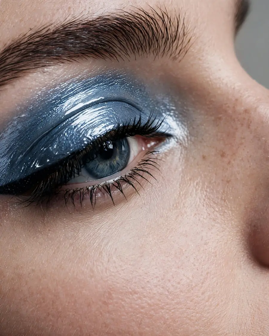 Steel-blue metallic eyeshadow lid with a slim black winged eyeliner