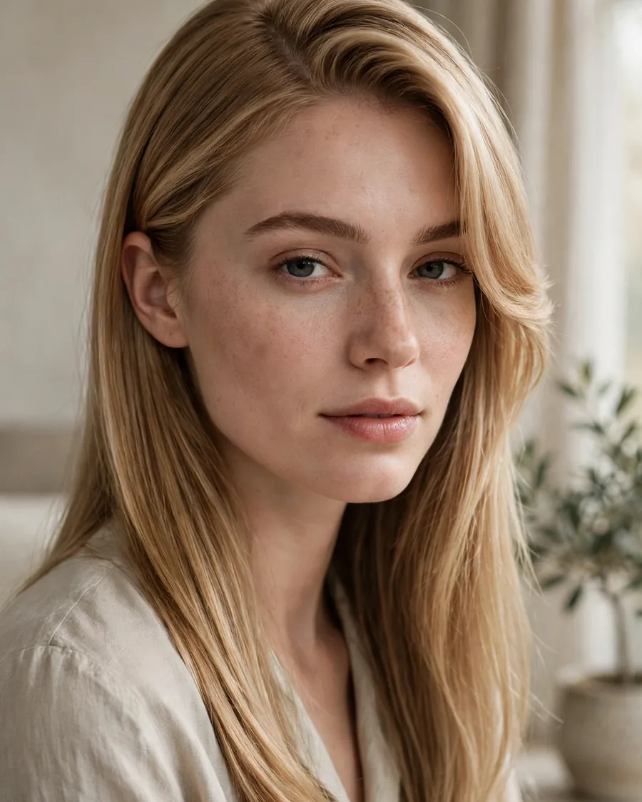 Fine glossy honey-blonde hair in a deep side part with a side-swept fringe