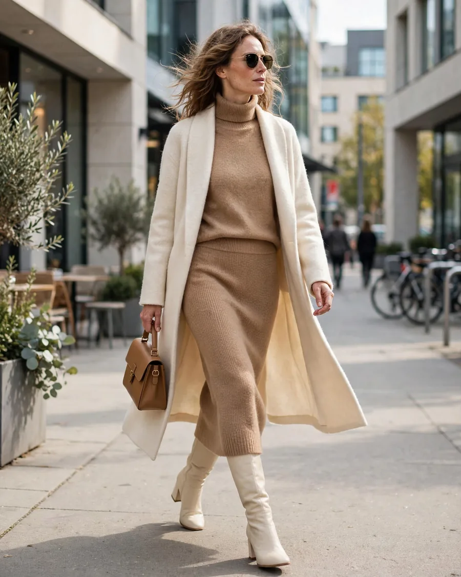 Cream knee-high boots with camel knit co-ord set and wool coat