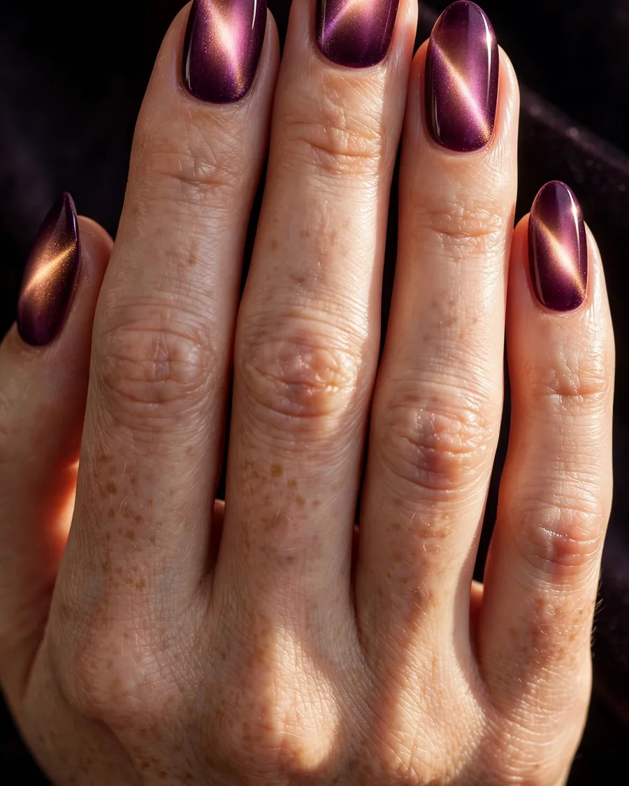 Plum cat-eye aura nails with magnetic shimmer band on almond nails