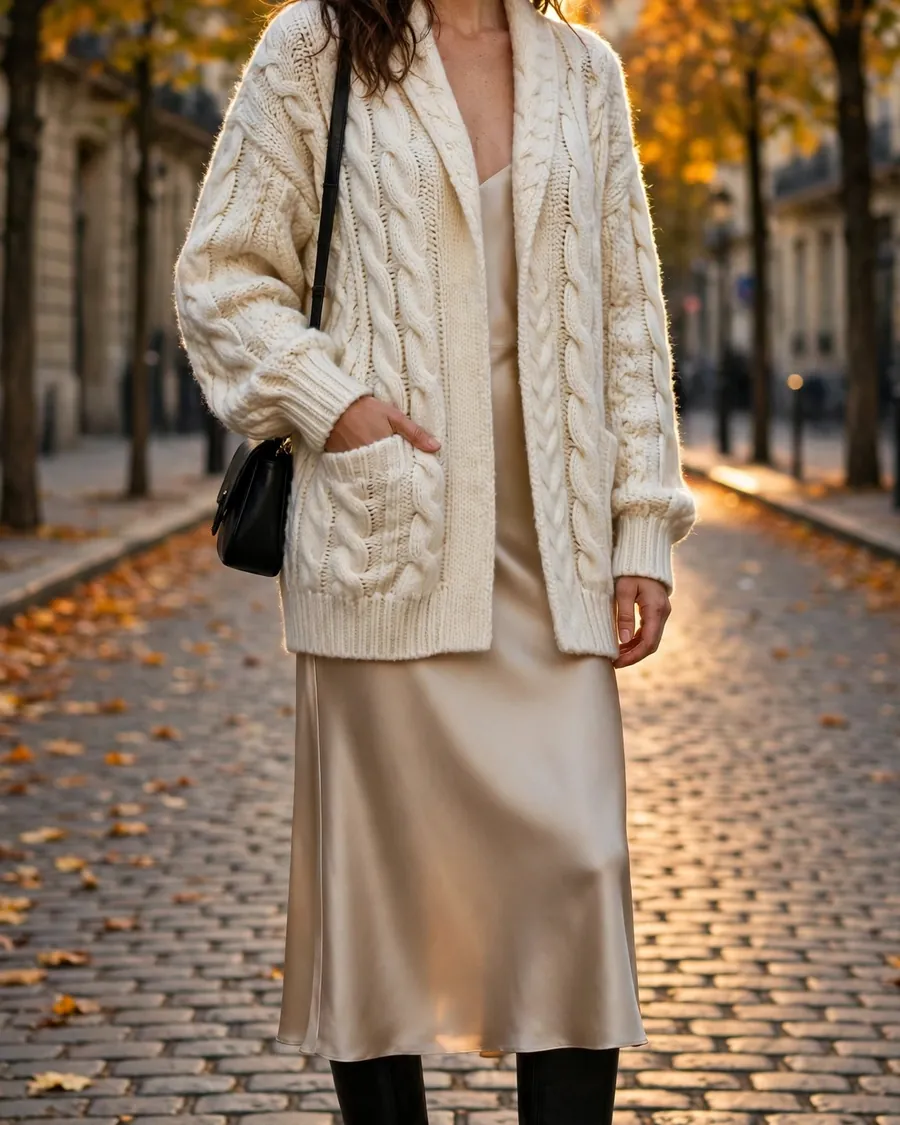 Oversized cream cable-knit cardigan worn open over a champagne satin midi slip skirt with black knee-high boots
