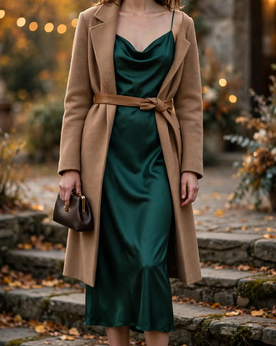 Emerald green satin slip midi dress with cowl neckline worn under a tailored camel wool coat, fall wedding guest outfit