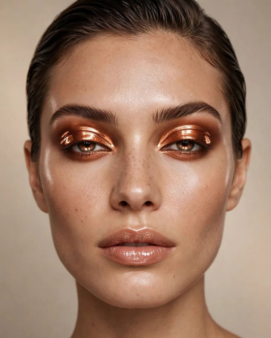 Molten copper foil eyeshadow lid with mirror-like metallic finish and soft warm brown crease