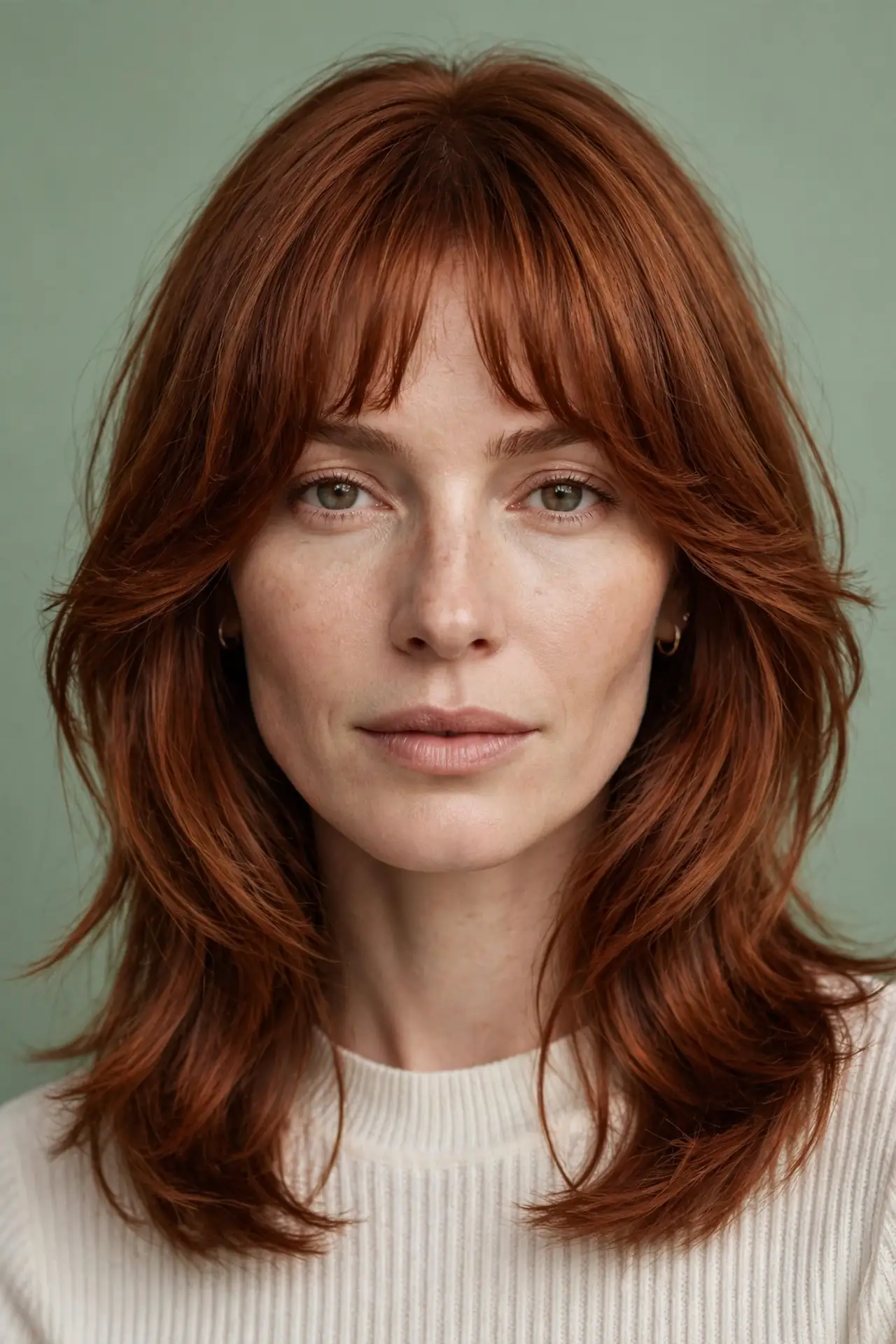 Bottleneck curtain bangs narrow at the forehead widening past the cheekbones on auburn hair