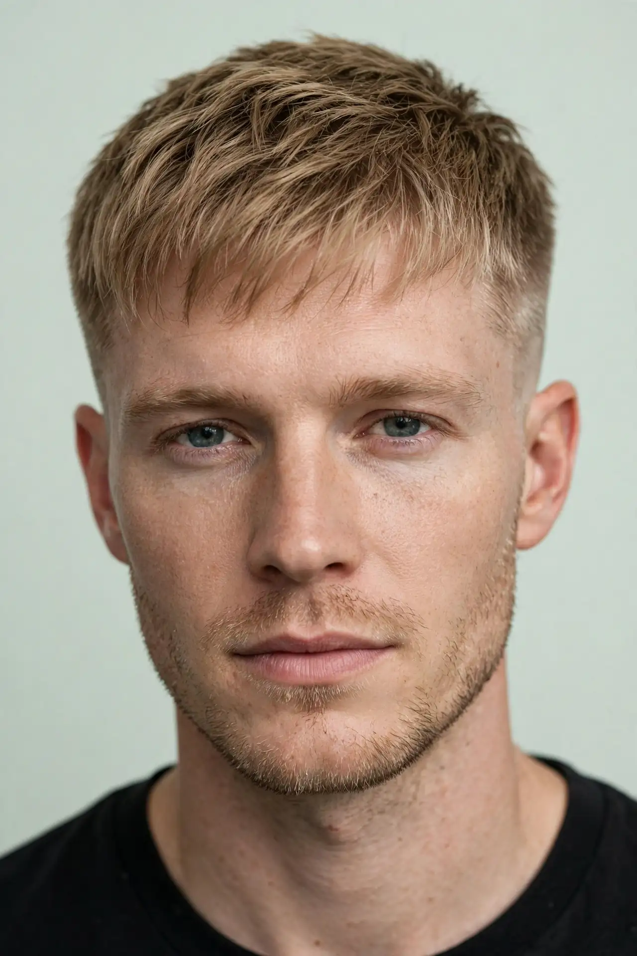 Low taper fade for fine straight sandy blonde hair with a short textured top