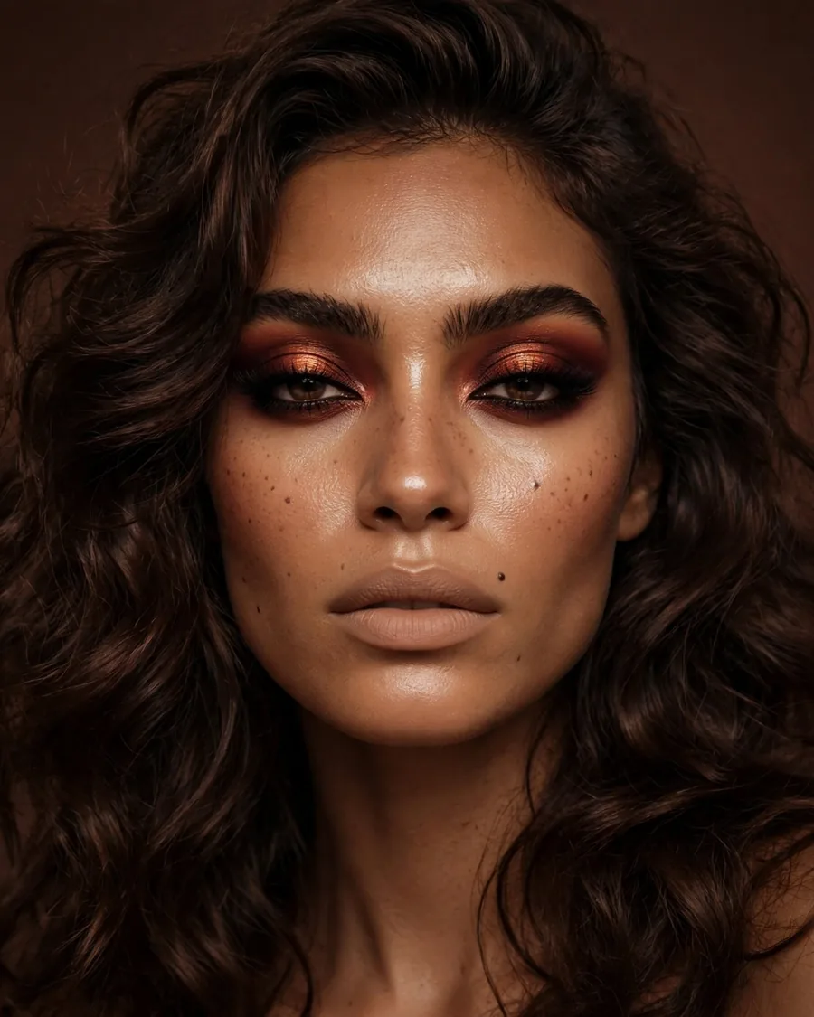 Deep auburn-copper night smoky eye with oxblood crease, molten copper center and dark liner