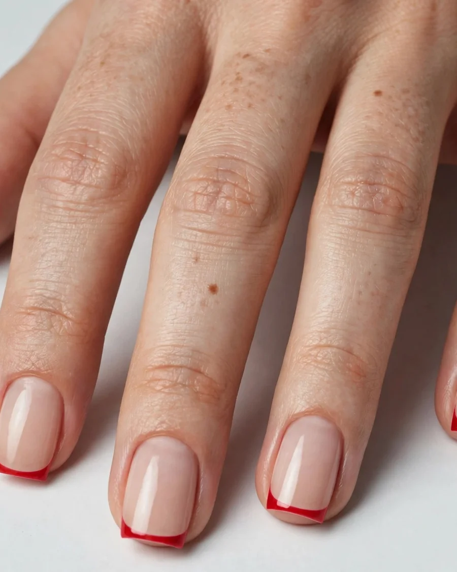 Scarlet micro French tip square nails with thin red line over natural nude base