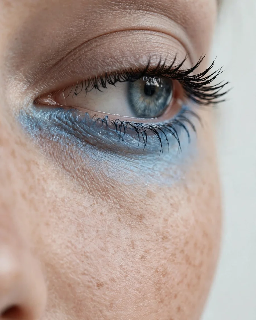 Icy blue eyeshadow smudged along the lower lash line