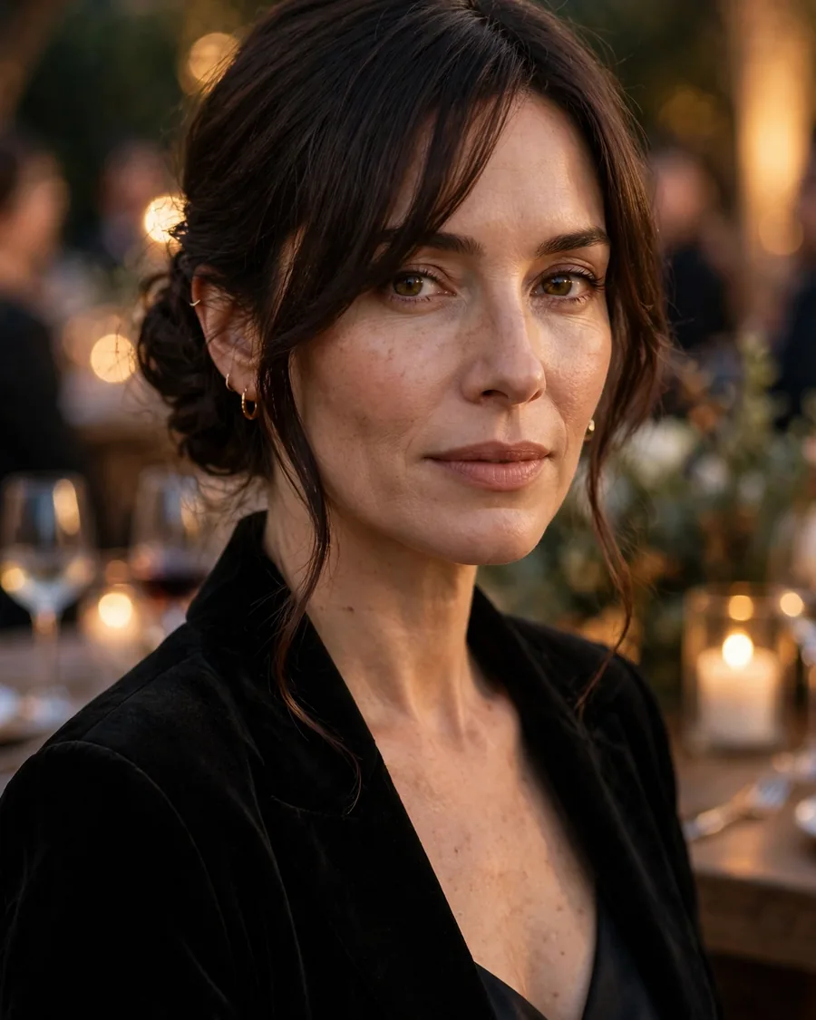 Low elegant chignon bun with loose side-swept bangs framing the face