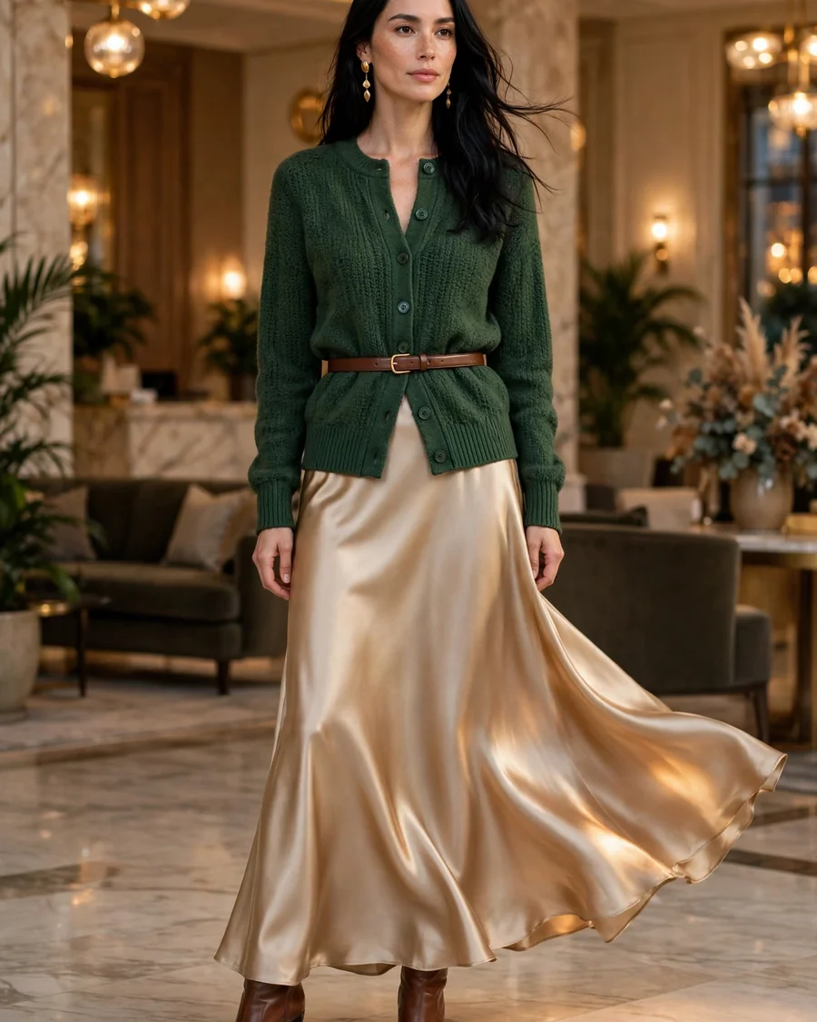 Forest green cardigan buttoned and belted at the waist over a champagne satin maxi skirt with ankle boots