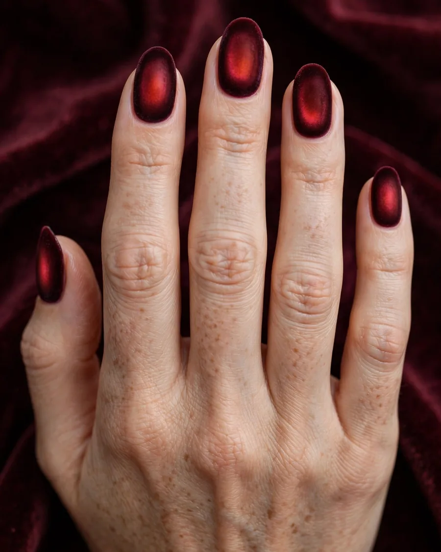 Burgundy velvet aura nails, matte garnet gradient on almond nails