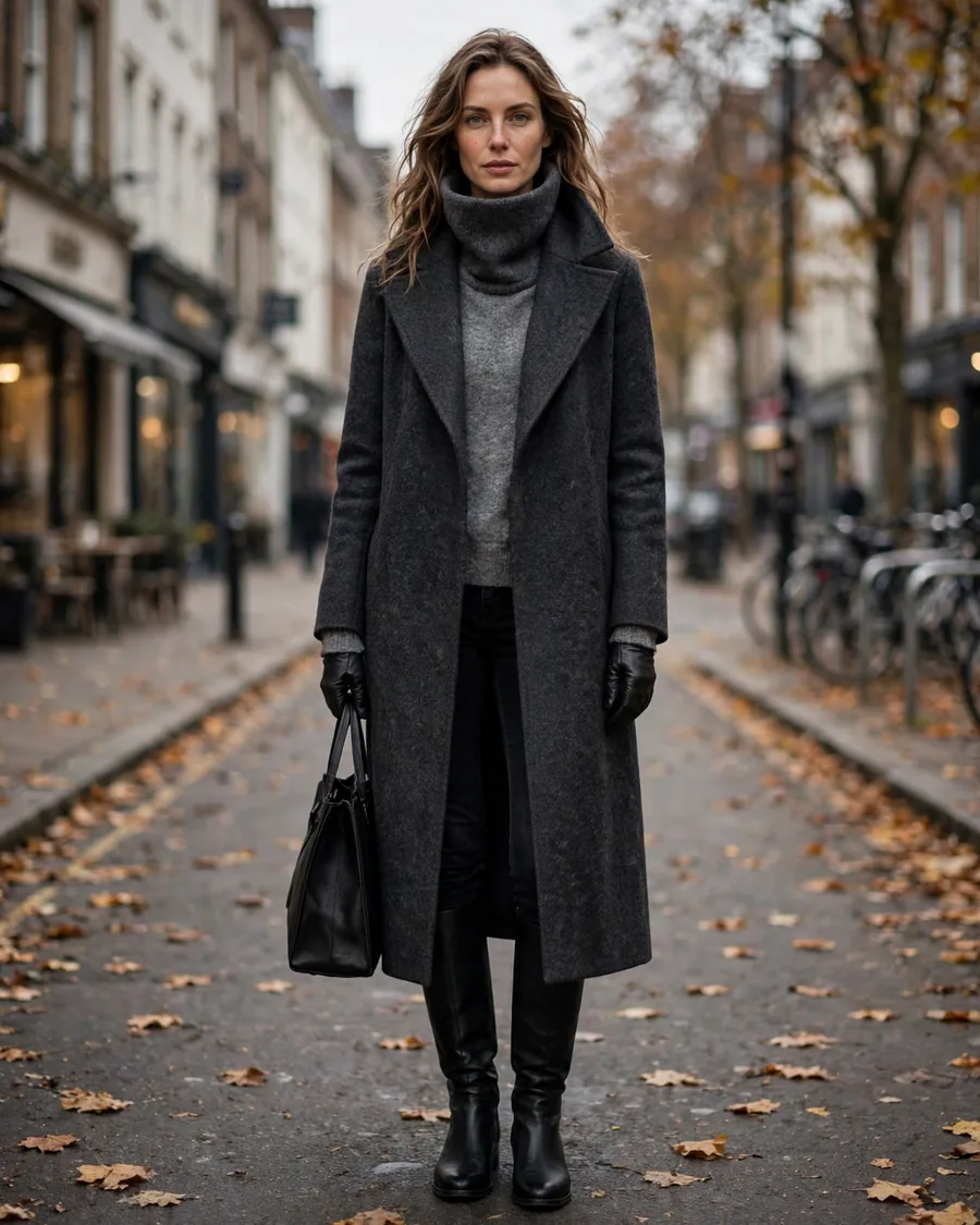 Dark skinny jeans tucked into knee-high boots with funnel-neck wool coat