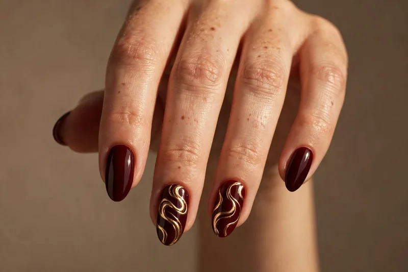 Oxblood nails with gold liquid-chrome swirl line art on almond accent nails