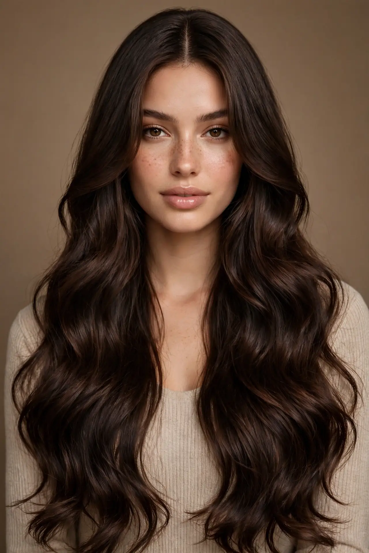 Extra-long curtain bangs starting at the chin with loose mermaid waves on very long dark hair