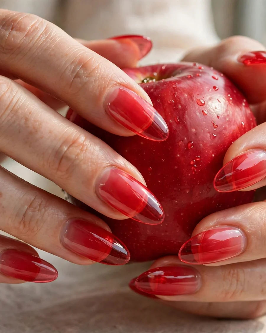 Sheer red jelly syrup almond nails with translucent candy-red gloss holding a red apple